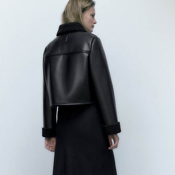 Zara Double Faced Leather Style and Sherpa Trim Jacket in Black - Picture 11 of 13
